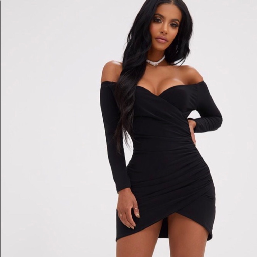 Shape Black Ruched Bardot Bodycon Dress